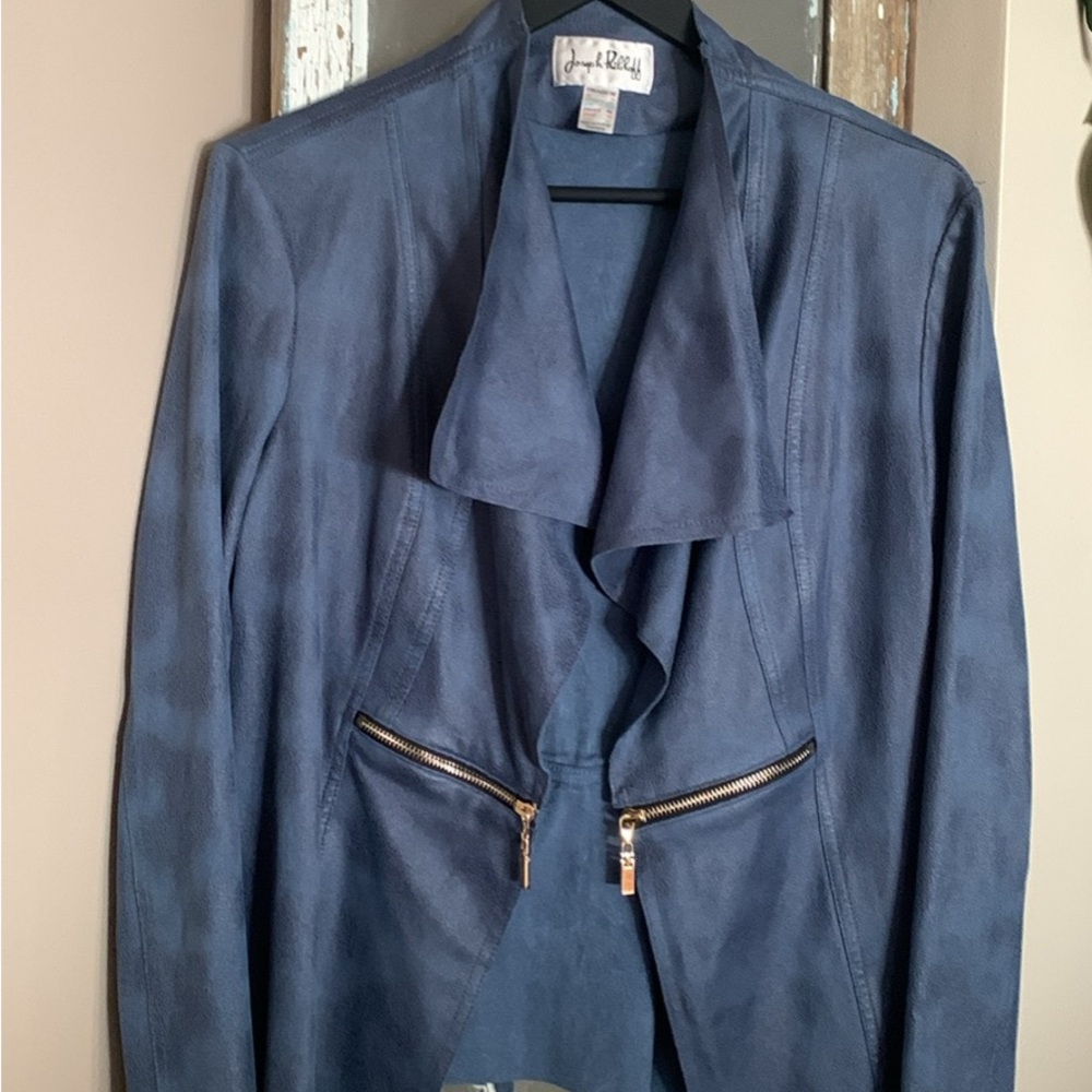 Joseph Ribkoff Blue Tailored Blazer with Draped Collar and Zipper Details